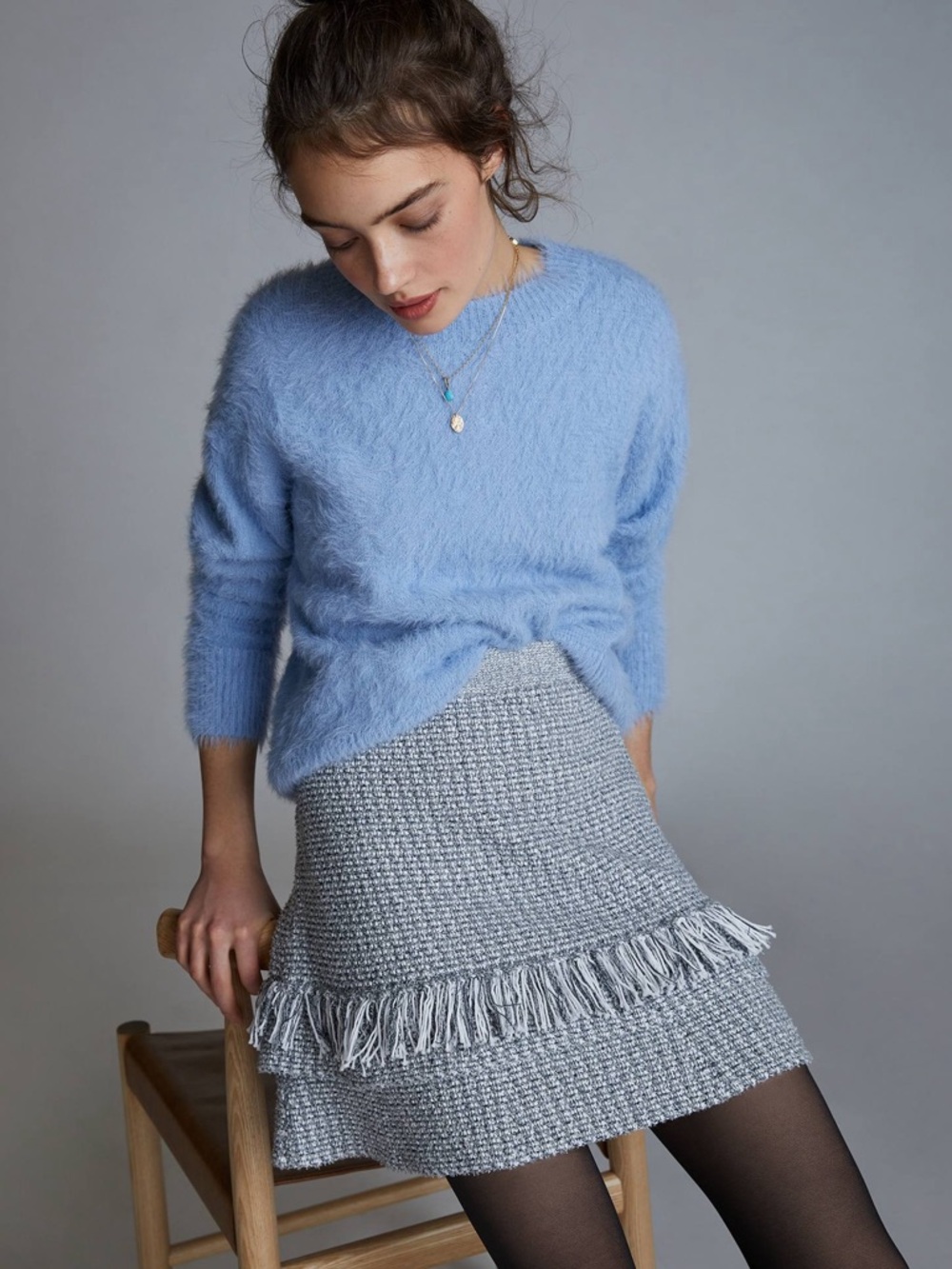 By Anthropologie - Flounced Fringe Sweater Skirt - Light Gray